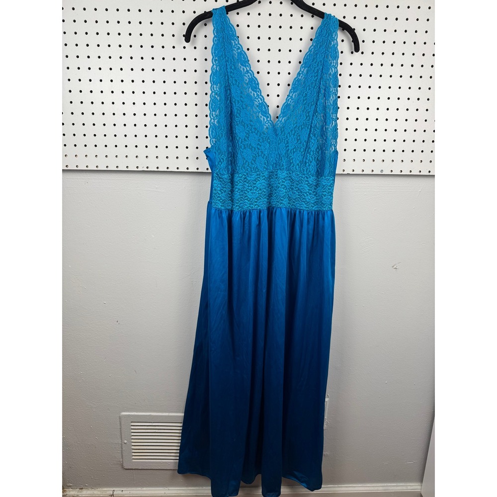 Vtg Vanity Fair Blue Lace Nightgown Maxi Slip Dress Y2K Coquette Fairycore‎ L